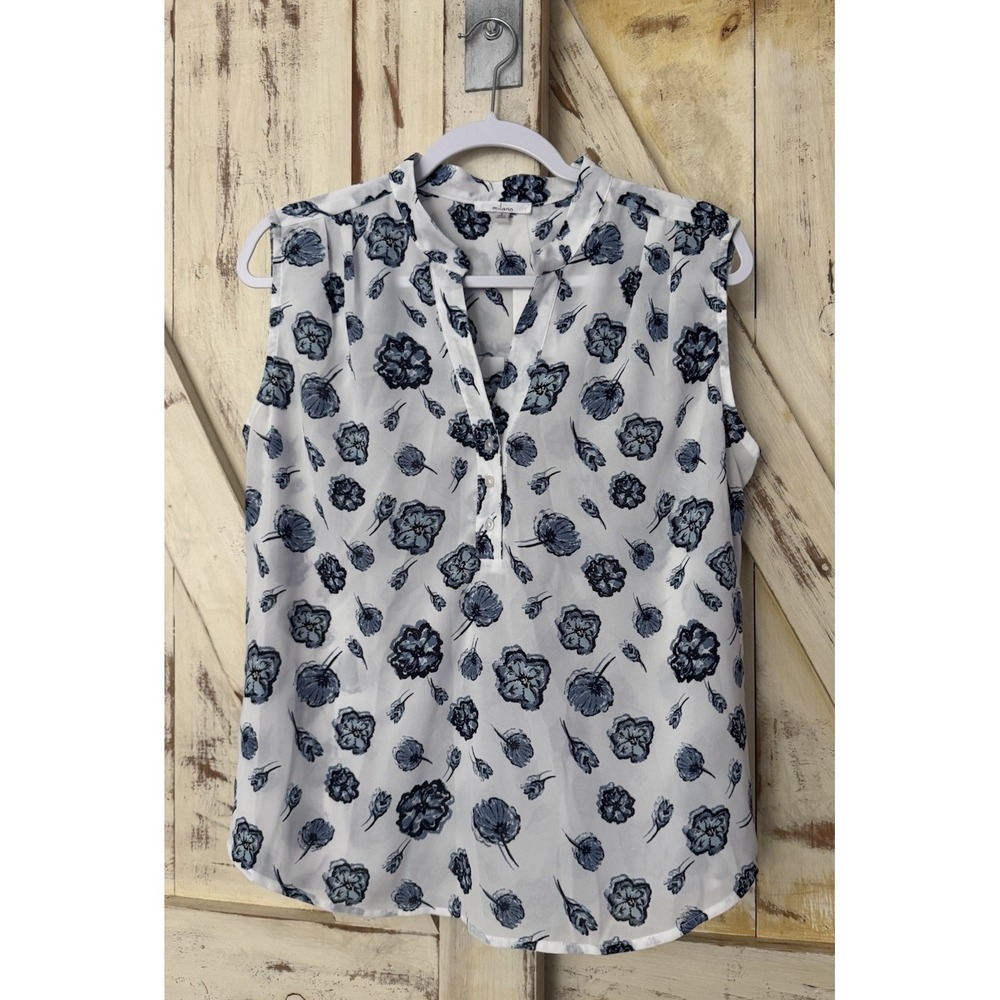 Milano Floral Blossom Blue White‎ Sleeveless V Neck Top Size Large New